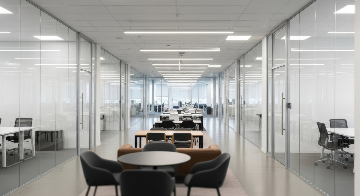 A modern office interior with glass partition walls, long fluorescent lighting, desks, chairs, and a small seating area in the foreground.