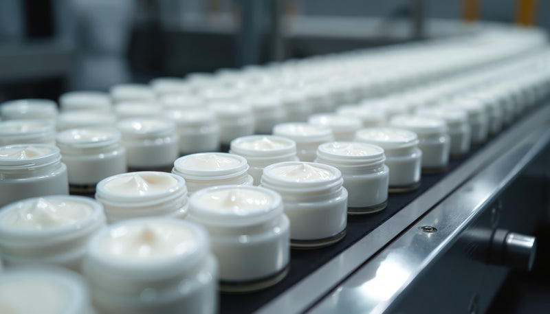 Row of white cosmetic jars on a production line